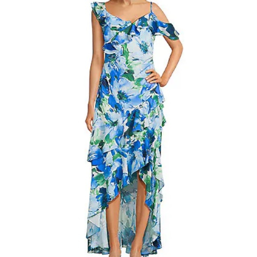 Alex Marie Lacey Ruffle Sleeveless Floral Asymmetric Hem Maxi Dress